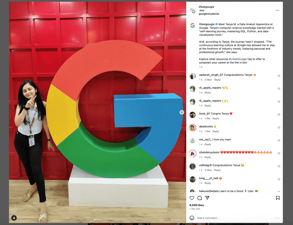 Google's careers Instagram